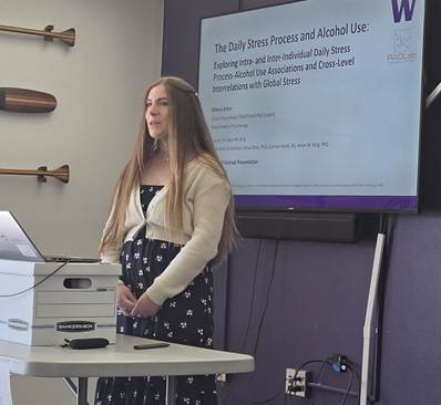 Photo of Child Clinical graduate student, Mikela Ritter, presenting at the 2026 Psychology Department Research Festival 