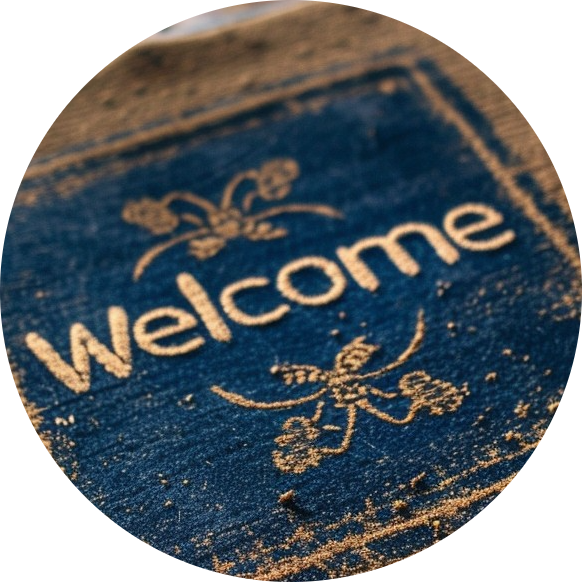 circular image of a welcome mat